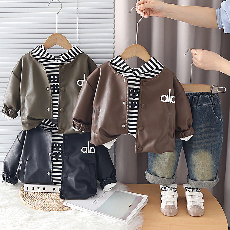 Casual Boys 3-Piece Leather Jacket Suit Set for Infants and Toddlers