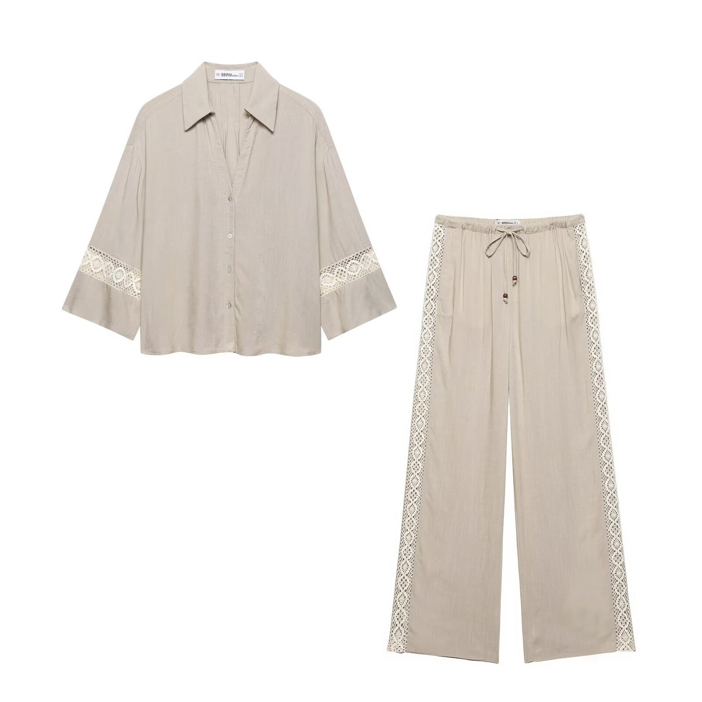 Women's Embroidered Sleeve Blouse + Side Embroidered Stripe Wide Leg Pants