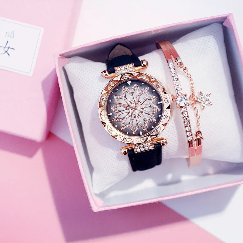 Women Starry Sky Watch Luxury Rose Gold Diamond Watches Ladies Casual Leather Band Quartz Wristwatch Female Clock zegarek damski - 2bazar4