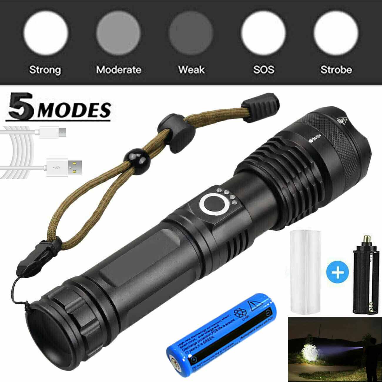 One Set USB Rechargeable LED Flashlight 5-Mode Outdoor Camping Hiking Flashlight W/Box