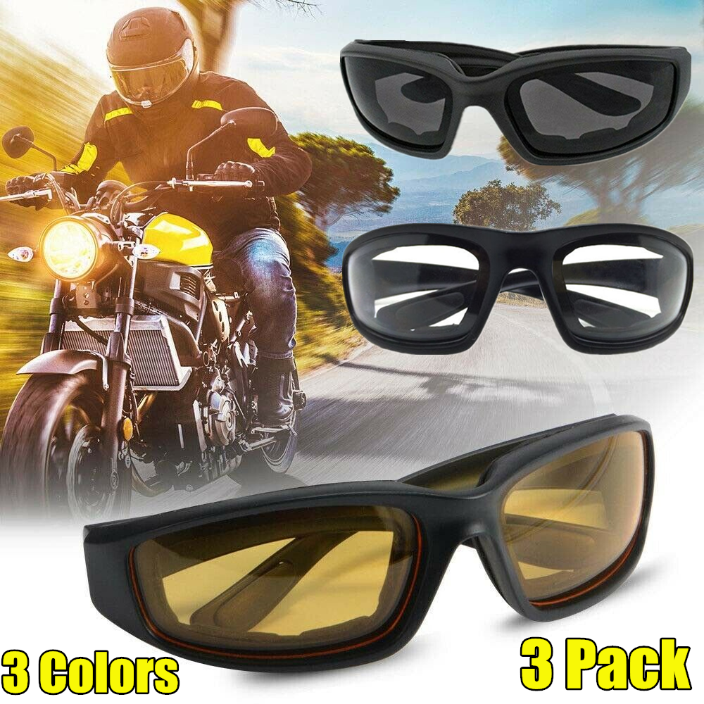 3 pairs  Motorcycle Sports Biker Riding Glasses Wind Resistant Eye Protection Women Men Sports Goggles Cycling Glasses Sunglasses Gray/Clear/Yellow