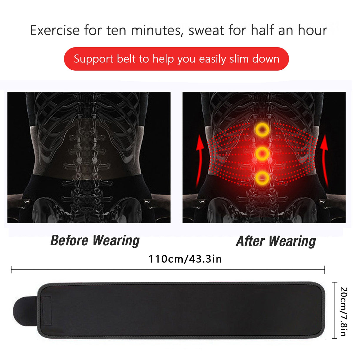 Waist Trimmer Belt Sport Workout Shaper Burner Slimming Belt W/ Phone Pocket Black