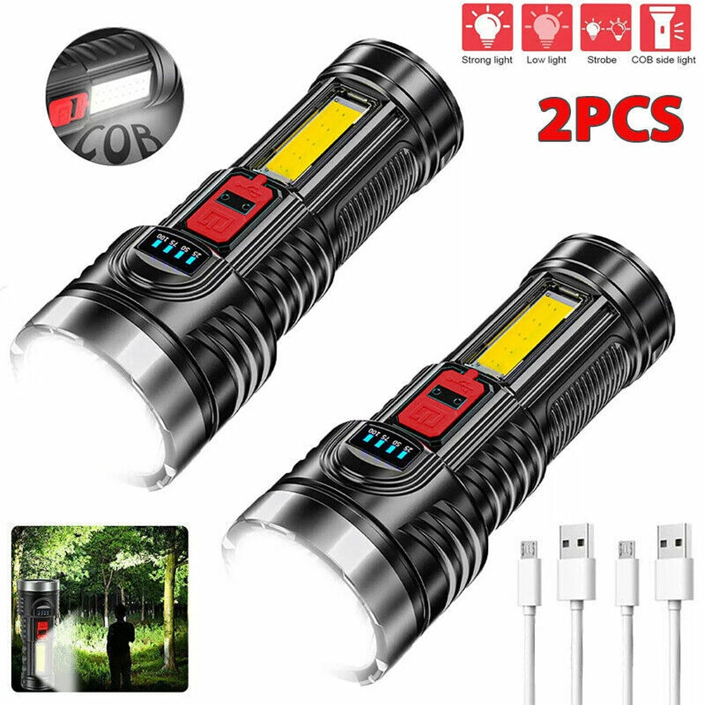 （2pack）USB Rechargeable LED Flashlight 4-Modes Camping Hiking Torch Work Light