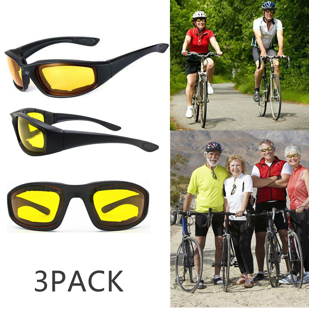 3 pairs Motorcycle Sports Biker Riding Glasses Wind Resistant Eye Protection Sports Goggles Cycling Glasses Sunglasses Yellow Color