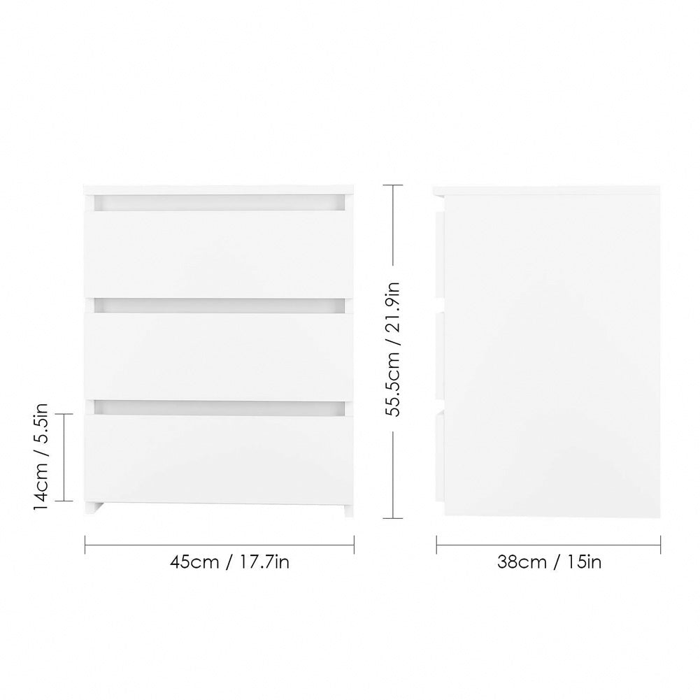 White Modern Bedside Table Cabinet Nightstand with 3 Storage Drawers Bedroom Furniture