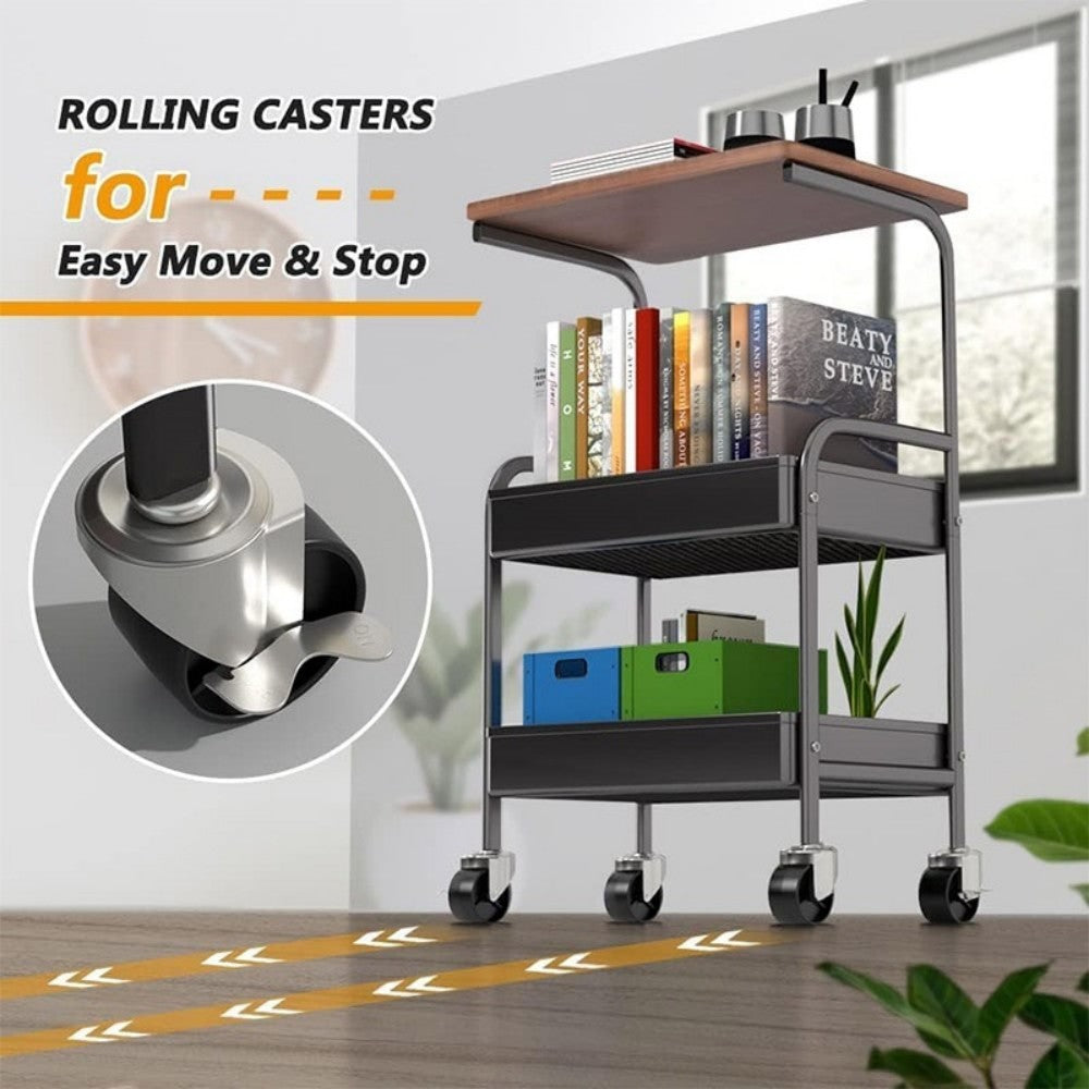 3 Tier Rolling Cart with Wooden Tabletop, 30in Lightweight Utility Cart with Lockable Wheels, Rolling Storage Organizer Cart  for Kitchen, Office, Bedroom