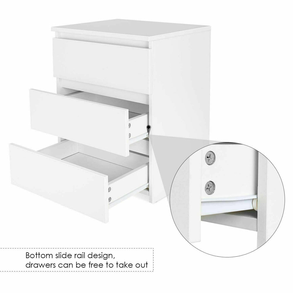 White Modern Bedside Table Cabinet Nightstand with 3 Storage Drawers Bedroom Furniture