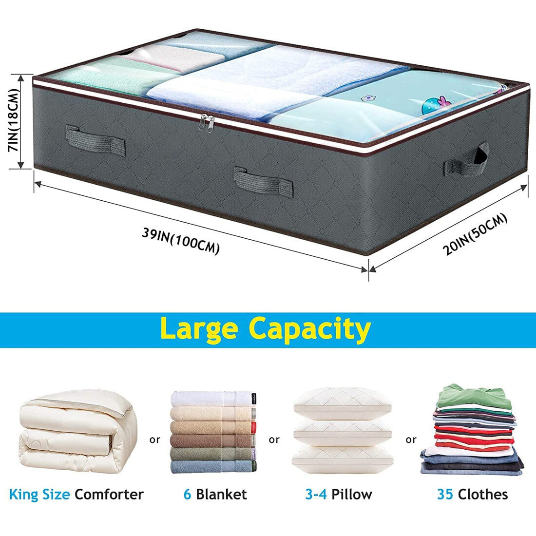 4PCS 90L Large Underbed Storage Bag Clothes Zipped Organizer Fabric Storage Bag