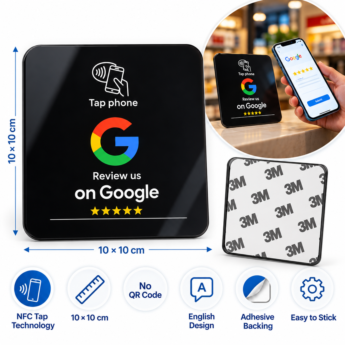 Google NFC acrylic card 10 x 10 cm - dimensions, NFC tap and adhesive backing infographic