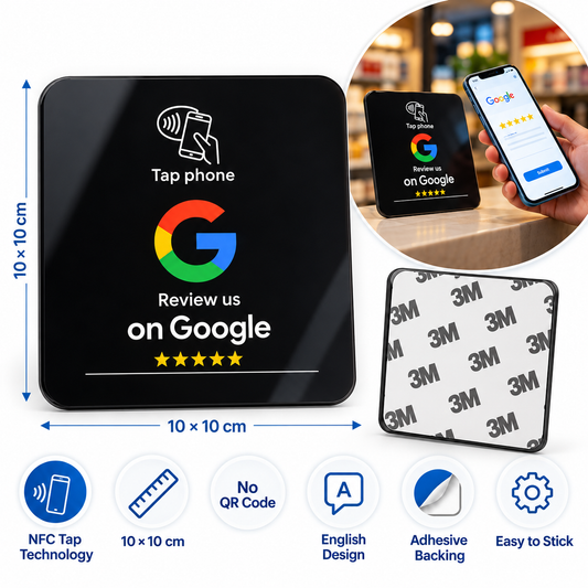 Google NFC acrylic card 10 x 10 cm - dimensions, NFC tap and adhesive backing infographic