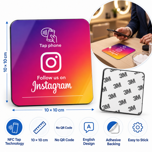 Instagram NFC acrylic card 10 x 10 cm - dimensions, NFC tap and adhesive backing infographic