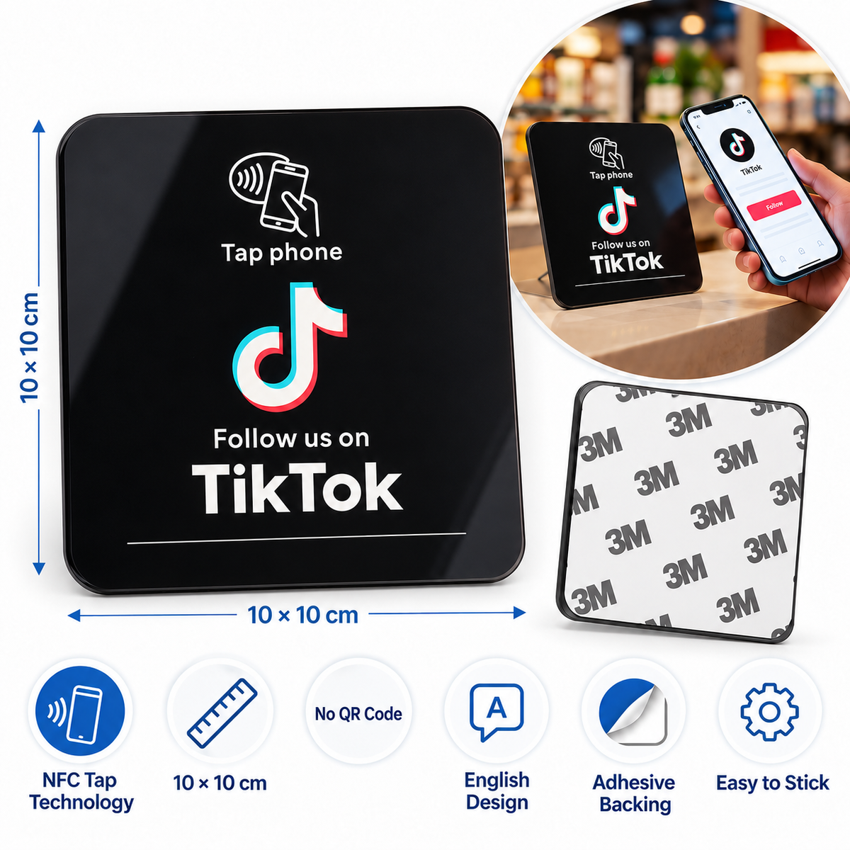 TikTok NFC acrylic card 10 x 10 cm - dimensions, NFC tap and adhesive backing infographic